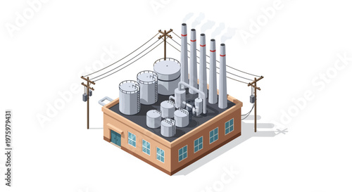 Isometric industrial factory illustration with smoke stacks, storage tanks, and power lines, representing modern manufacturing and energy production facilities