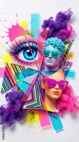 A vibrant and surreal collage of colorful shapes and artistic human faces with sunglasses