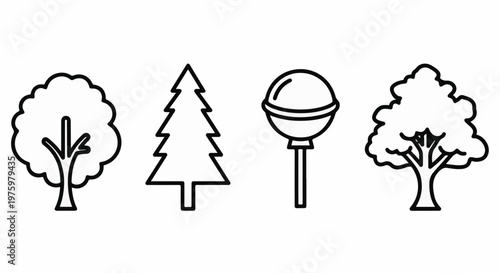 Four outline icons two trees, a lollipop, and a evergreen tree
