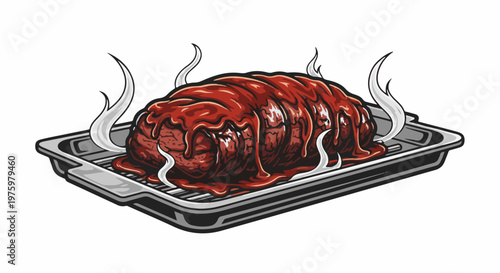 Hearty, glazed meatloaf in a roasting pan with rising steam