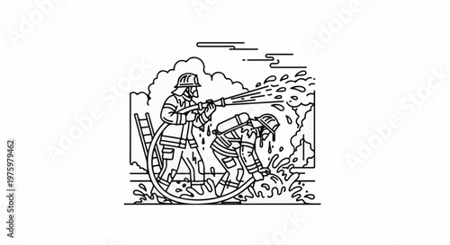 Firefighters combat a blaze, spraying water from a hose