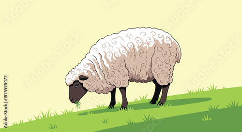 Fluffy white sheep grazing peacefully on a lush green grassy hill under a soft yellow sky in a calm and rural countryside setting.