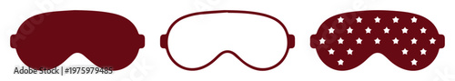 Sleep mask vector icons set, burgundy eye mask collection for travel and wellness, dark red blindfold silhouettes with polka dot pattern
