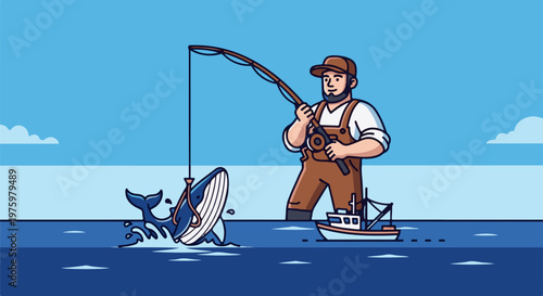 Fisherman with large catch of whale from boat on calm blue sea