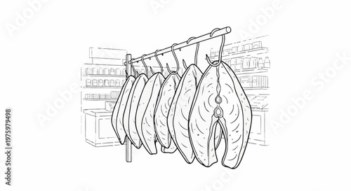 Fish steaks hanging on a rack in a market with shelves of products behind
