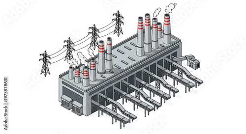 Industrial power generation facility with smoking chimneys and electrical transmission lines, illustrating energy production and distribution infrastructure