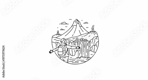 Hiker admires a majestic mountain landscape with a waterfall