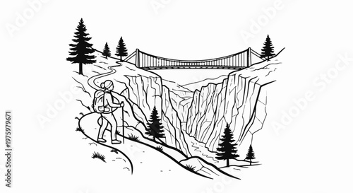 Hiker ascends rocky trail towards scenic suspension bridge over a deep gorge