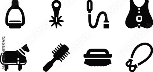 Horse grooming equipment silhouette vector icon collection featuring brush hoof pick lead rope saddle pad body brush and care tools arranged in grid layout isolated on white background