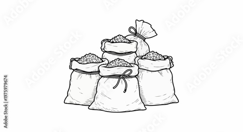 Five burlap sacks filled with small, round objects are piled up