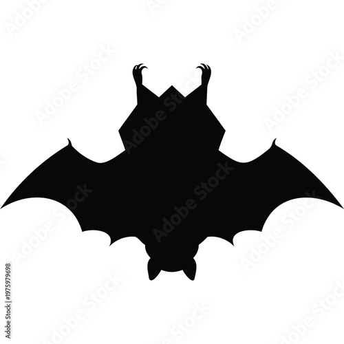 Black bat silhouette, outstretched wings, sharp claws, isolated white background, Halloween, fantasy, nocturnal creature graphic
