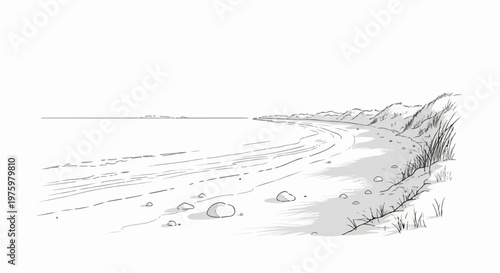 Hand-drawn sketch of a serene, empty coastline with gentle waves and sandy dunes