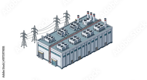 Industrial power plant facility with transmission lines, generating electricity for urban or rural distribution
