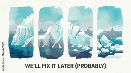 Animated Illustration of a Melting Glacier and Iceberg with an Oil Rig in the Background, Highlighting Climate Change and Environmental Neglect, with Text "WE'LL FIX IT LATER (PROBABLY)"