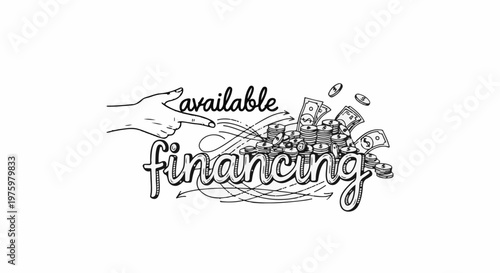 Hand points to money pile and bills with arrows indicating flow toward text