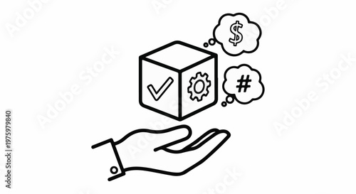 Hand presenting a cube with symbols of check, gear, dollar and hash
