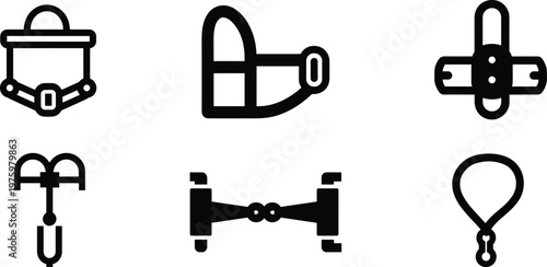 Horse tack equipment silhouette vector icon collection featuring saddle bridle bit stirrup harness and rein accessories arranged in grid layout isolated on white background