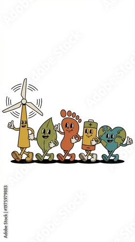 A group of cartoon characters representing eco-friendly concepts walking together in harmony