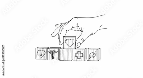Hand stacking blocks with medical symbols and a leaf