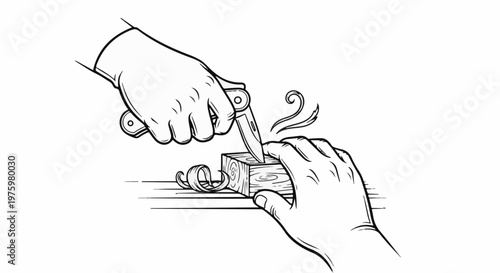 Hands carving a wooden block with a knife, creating wood shavings