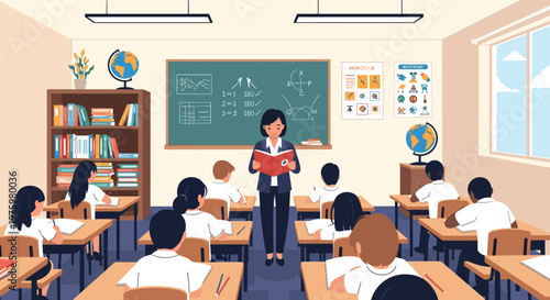 Teacher standing at the front of a classroom reading a book to diverse students sitting at their desks in a well-equipped school room.