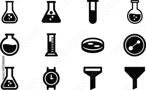 Laboratory glassware silhouette vector collection featuring flasks test tube petri dish graduated cylinder funnel and molecule icons on white background