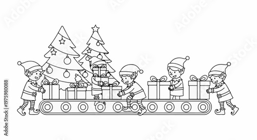 Elves in hats and tunics load presents onto a conveyor belt near Christmas trees