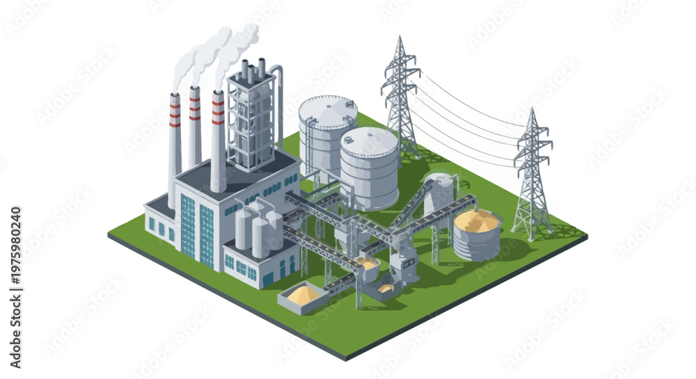 Fototapeta premium Isometric industrial complex illustration showcasing a modern factory with power generation infrastructure, storage tanks, and material processing facilities on a clean white background