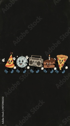 A whimsical illustration of food items and objects with smiling faces on a black background