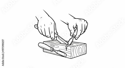 Hands carving wood with chisels, a close-up illustration