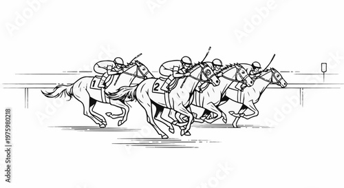 Five racehorses and jockeys charge forward in a competition