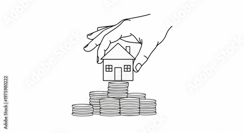 Hand holding a house above stacked coins