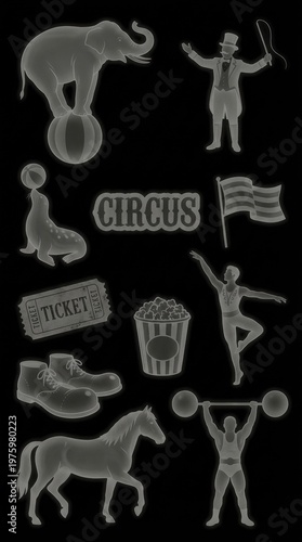 A collection of gray circus icons on a black background, featuring various performers and symbols.