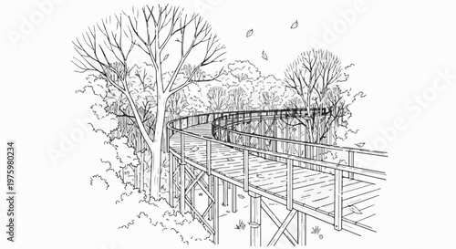 Elevated wooden walkway curves through a bare-branched forest