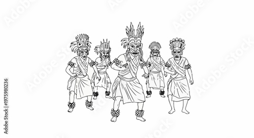 Five masked figures in tribal attire with ornate headwear dance