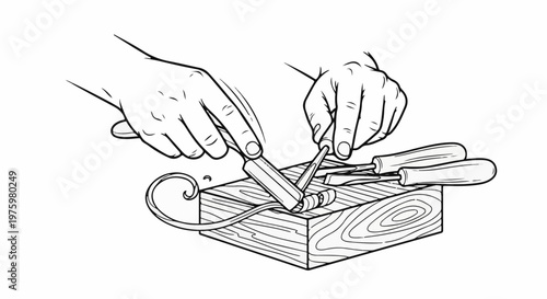 Hands carving wood with tools, creating shavings and shaping
