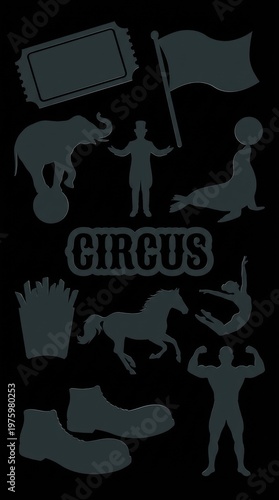 A dark background with various circus silhouettes and a prominent circus sign