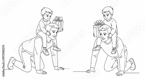 Father and son playing, boy on father's shoulders holding gift