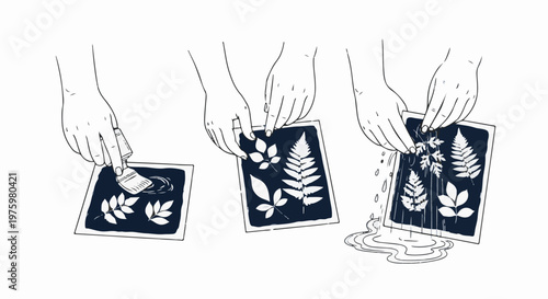 Hands create botanical prints on dark paper using leaves and water