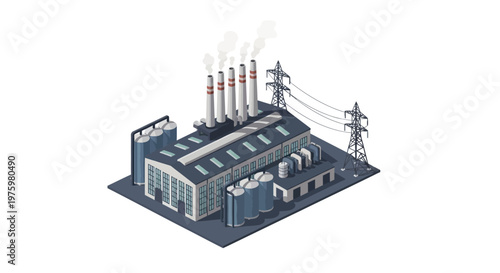 Isometric industrial factory graphic with smoking chimneys and electrical power lines, representing manufacturing, energy production, and modern infrastructure