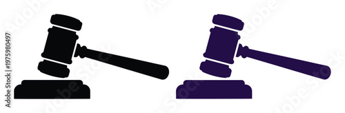 Judge gavel and sound block vector icons, legal hammer silhouettes in black and dark purple, law and justice symbols for courtroom and auction themes