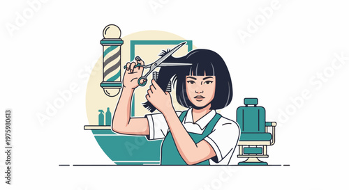 Hairstylist with scissors cuts client's hair in barbershop