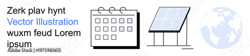 Renewable energy, sustainability, solar power, eco-friendly technology, global impact, environmental planning. ion of a calendar, solar panel and a global icon. Renewable energy and sustainability