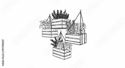 Four wooden crates filled with plants hang suspended by wires