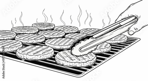 Hand using tongs to grill multiple patties on a barbecue grill