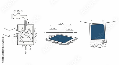 Hand washes a square photo; it dries outdoors, then hangs