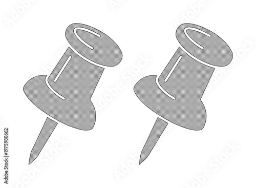 Minimalist push pin vector icons, grey thumbtack office stationery set, simple flat pushpin graphics for notice boards and reminders