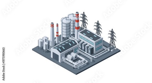 Industrial power plant with turbines, cooling towers, and electrical transmission infrastructure, symbolizing energy generation and heavy industry