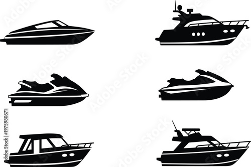 Motor boat collection silhouette vector icon set featuring speedboats yachts jet skis and cabin cruisers arranged in grid layout isolated on white background