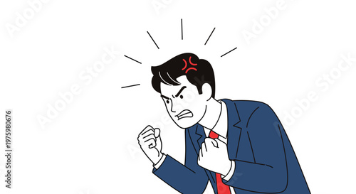 Frustrated businessman in a blue suit clenching his fists and shouting in anger due to stress or failure in a professional setting.